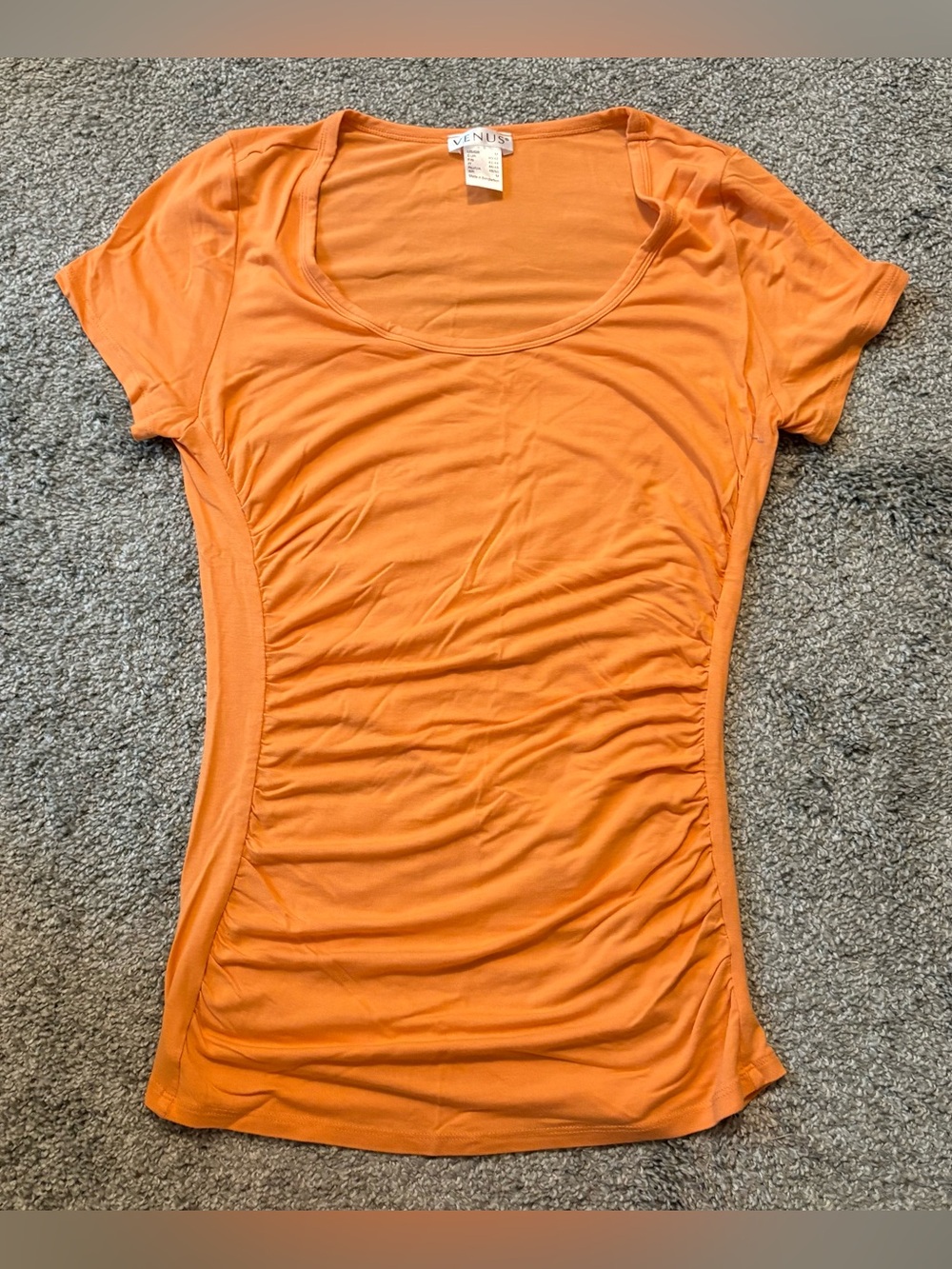VENUS Orange Scoop-Neck Short Sleeve Ruched Tee